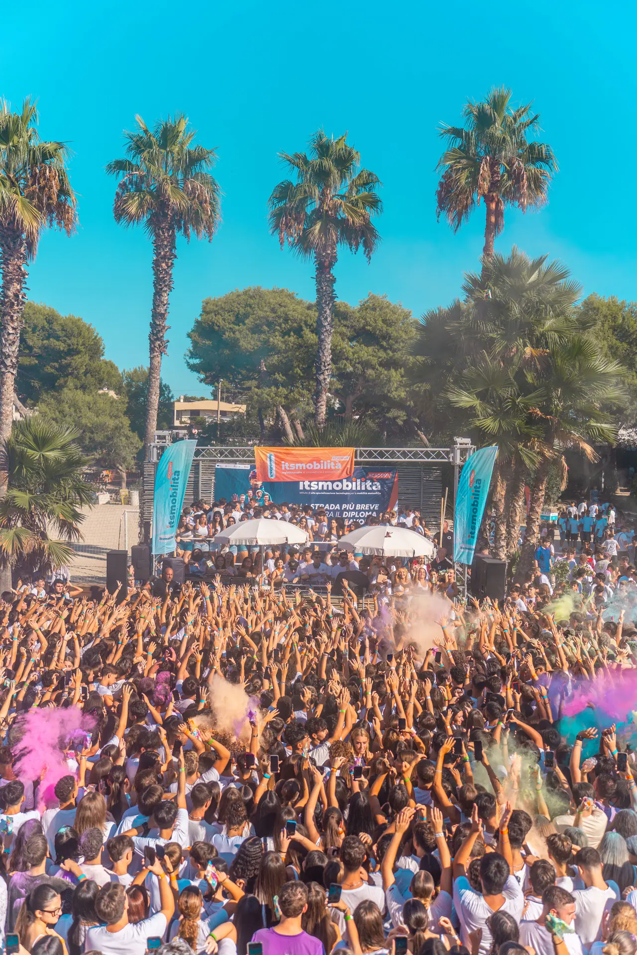 Pubblico sotto le palme durante un evento